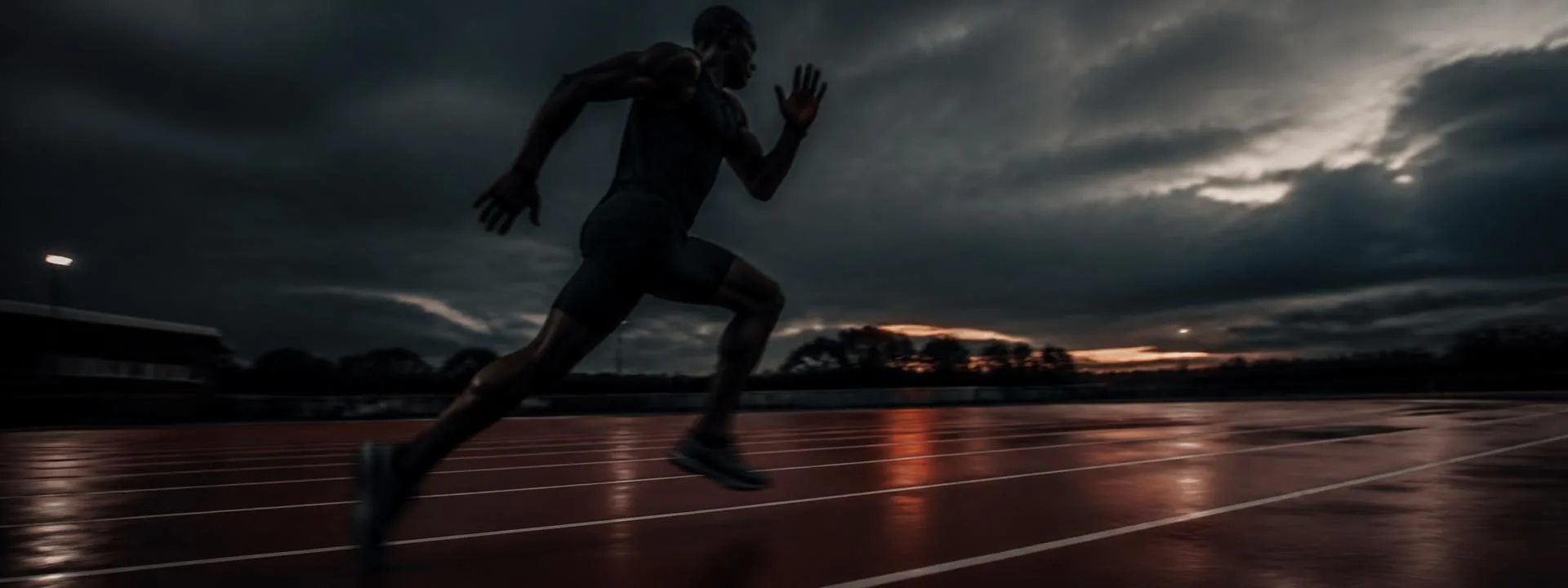 A lone sprinter mid-stride on a wet track at dusk
