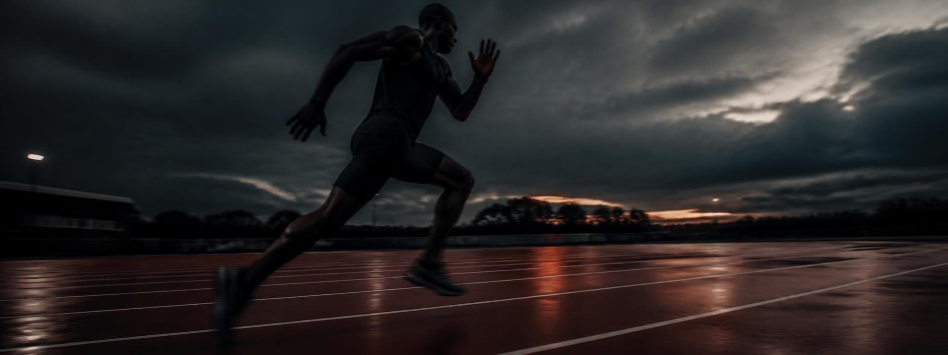 A lone sprinter mid-stride on a wet track at dusk